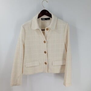 Zara Check Stylish Business Classic Cropped Textured Jacket Light Beige Size XL